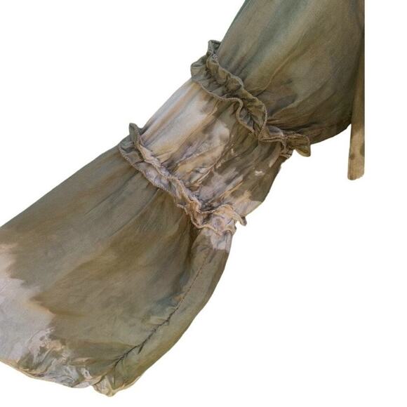 Tempo Paris Silk Olive Green Gathered Tie Dye Ruffle Boho Top S/M - Picture 3 of 8